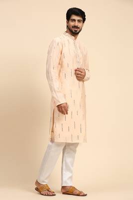 Baby pink colour ethnic and trendy smart mirror embroidery work mens kurta 4