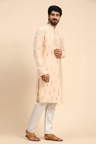 Baby pink colour ethnic and trendy smart mirror embroidery work mens kurta