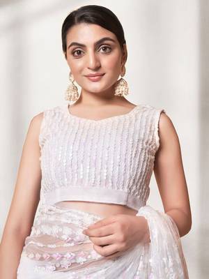 White Thread & Sequins Embroidered Soft Net  Party Wear Bridal Wedding Festival Saree With Blouse 6