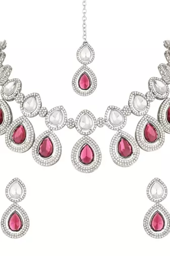 silver plated traditional stone choker necklace jewellery set