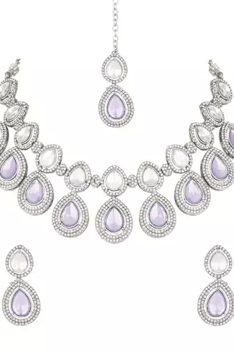 silver plated traditional stone choker necklace jewellery with earrings set