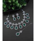 silver plated traditional stone choker necklace jewellery with earrings set for women/girls 