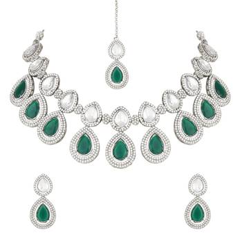 silver plated traditional stone choker necklace jewellery with earrings set for women/girls  2