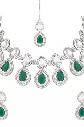 silver plated traditional stone choker necklace jewellery with earrings set for women/girls 