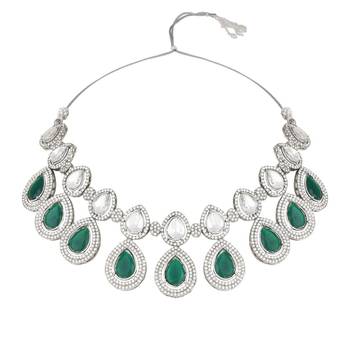 silver plated traditional stone choker necklace jewellery with earrings set for women/girls  3