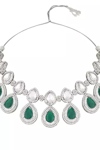 silver plated traditional stone choker necklace jewellery with earrings set for women/girls 