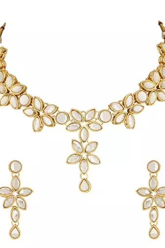 traditional floral design kundan studed necklace jewellery set with earrings for women and girls 