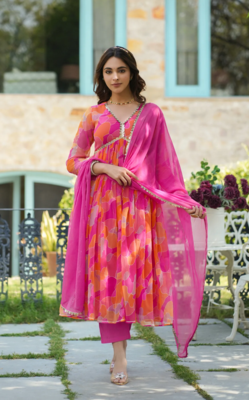 Women's Pink Georgette Kurta Pant Suit Set 1