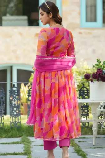 Women's Pink Georgette Kurta Pant Suit Set