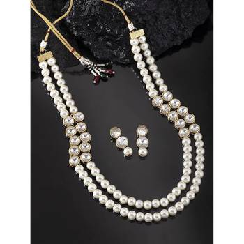 traditional stunning white stone studded layered pearl necklace jewellery set 1