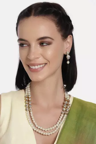 traditional stunning white stone studded layered pearl necklace jewellery set