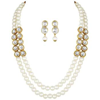 traditional stunning white stone studded layered pearl necklace jewellery set 3