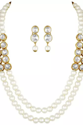 traditional stunning white stone studded layered pearl necklace jewellery set