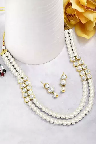 traditional stunning white stone studded layered pearl necklace jewellery set