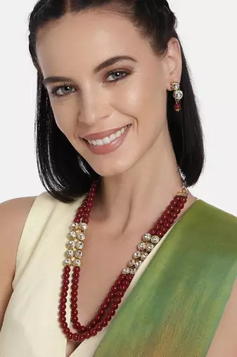 traditional stunning white stone studded layered pearl necklace jewellery set