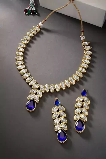 traditional blue stone studded necklace jewellery set with dangle earrings