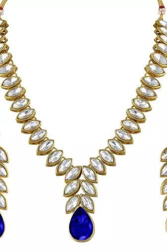 traditional blue stone studded necklace jewellery set with dangle earrings
