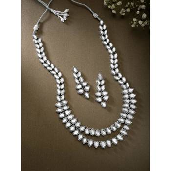 silver plated traditional 2 layered long kundan studded necklace jewellery set 1