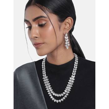 silver plated traditional 2 layered long kundan studded necklace jewellery set 2