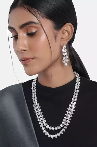 silver plated traditional 2 layered long kundan studded necklace jewellery set