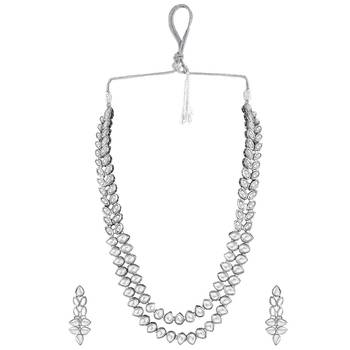 silver plated traditional 2 layered long kundan studded necklace jewellery set 3