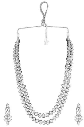 silver plated traditional 2 layered long kundan studded necklace jewellery set