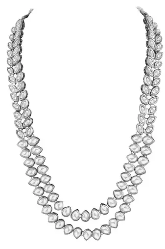 silver plated traditional 2 layered long kundan studded necklace jewellery set