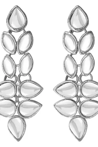 silver plated traditional 2 layered long kundan studded necklace jewellery set