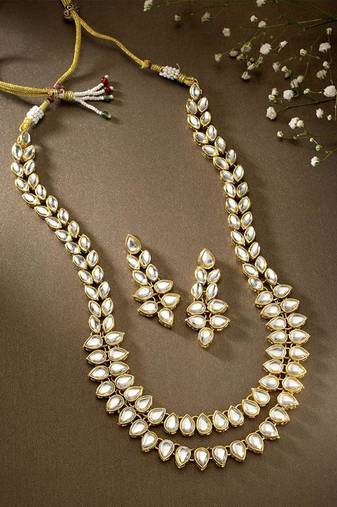 traditional 2 layered long kundan studded necklace jewellery set with earrings