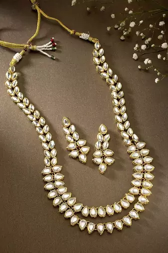 traditional 2 layered long kundan studded necklace jewellery set with earrings