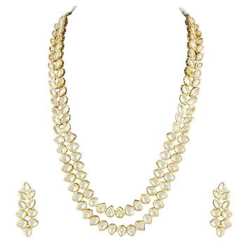 traditional 2 layered long kundan studded necklace jewellery set with earrings 3