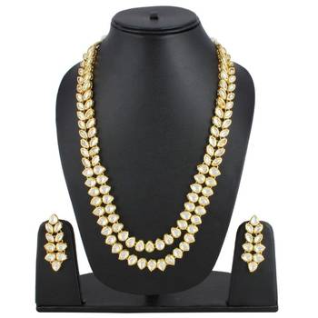 traditional 2 layered long kundan studded necklace jewellery set with earrings 4