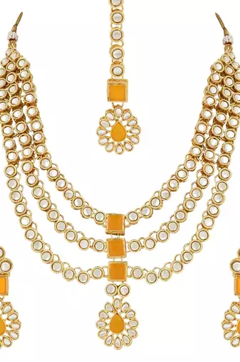 traditional kundan necklace jewellery set with earrings & maang tikka for women and girls 