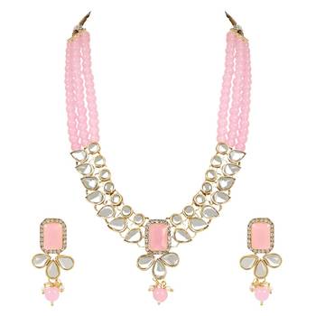 traditional white kundan studded multi layered pearl necklace jewellery set with dangle earrings 2