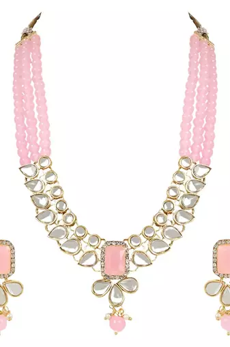 traditional white kundan studded multi layered pearl necklace jewellery set with dangle earrings