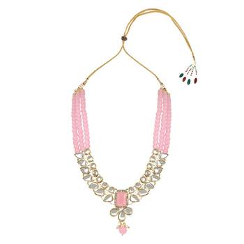 traditional white kundan studded multi layered pearl necklace jewellery set with dangle earrings 3