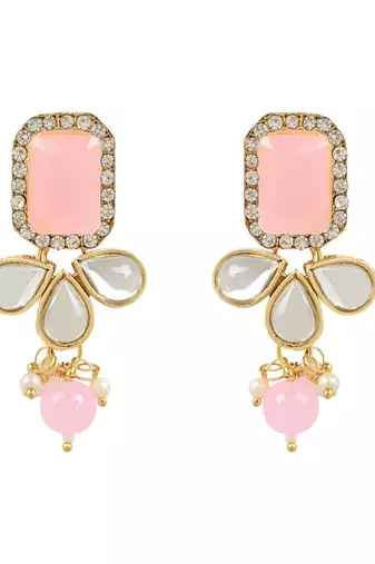 traditional white kundan studded multi layered pearl necklace jewellery set with dangle earrings
