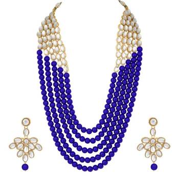 wedding collection 5 layer faux mother-of-pearl and kundan rani haar necklace jewellery set with earrings 1