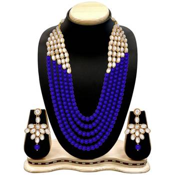 wedding collection 5 layer faux mother-of-pearl and kundan rani haar necklace jewellery set with earrings 4