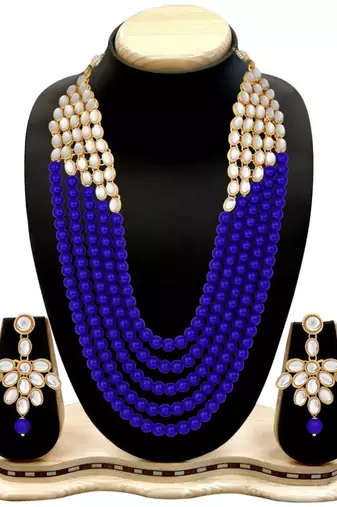 wedding collection 5 layer faux mother-of-pearl and kundan rani haar necklace jewellery set with earrings