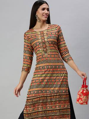 Showoff women's round neck geometric foil print multi straight kurta and palazzos 1
