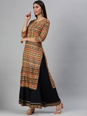 Showoff women's round neck geometric foil print multi straight kurta and palazzos 2