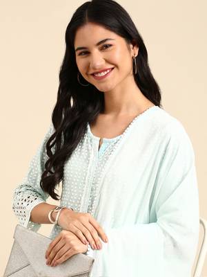 women's scoop neck woven design blue anarkali kurta and trouser with dupatta 1