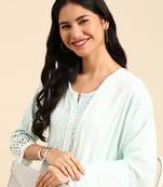 women's scoop neck woven design blue anarkali kurta and trouser with dupatta