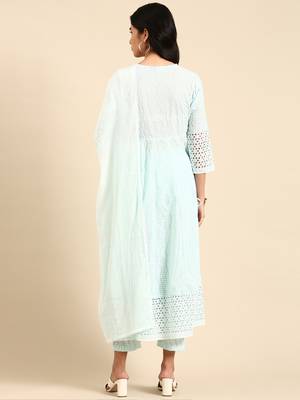women's scoop neck woven design blue anarkali kurta and trouser with dupatta 4
