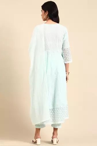 women's scoop neck woven design blue anarkali kurta and trouser with dupatta