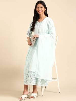 women's scoop neck woven design blue anarkali kurta and trouser with dupatta 5