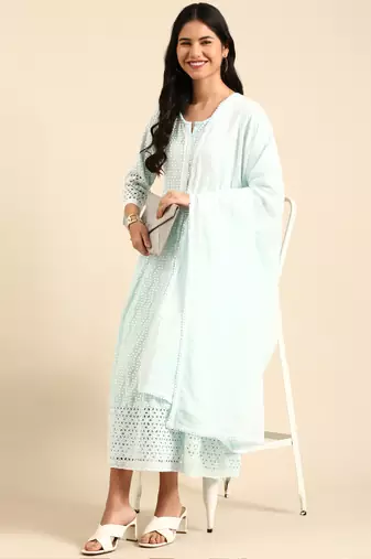 women's scoop neck woven design blue anarkali kurta and trouser with dupatta