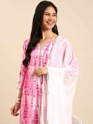 women's scoop neck abstract shibori pink straight kurta and trouser with dupatta 1