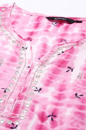 women's scoop neck abstract shibori pink straight kurta and trouser with dupatta